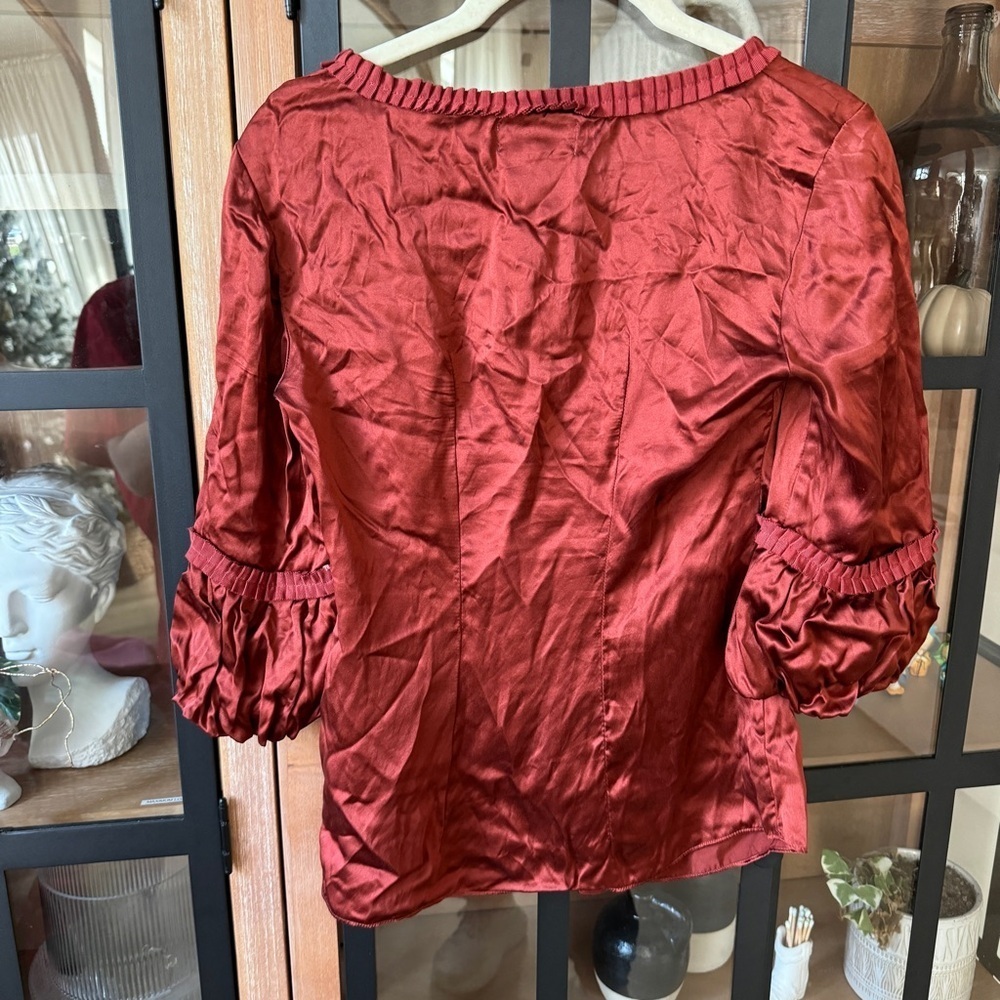 Vintage blouse top silk ruffles rosettes rust copper 3/4 long sleeve scoop Y2K - Picture 3 of 8